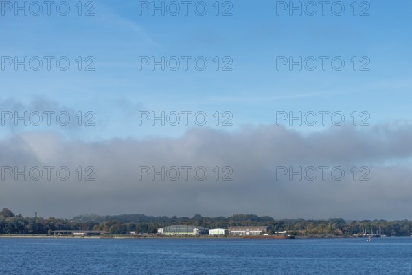 MFG 5 area on the fjord, Kiel Fjord, Holtenau district, Kiel, Baltic Sea, former naval aviation squadron, currently required location for the Federal Navy, hangar, Schleswig-Holstein, Germany