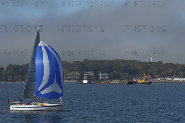 Kiel Fjord, Holtenau district, sailing yacht with spinnaker, tugboat, modern buildings, Kiel, slope, forest, Baltic Sea, Schleswig-Holstein, Germany