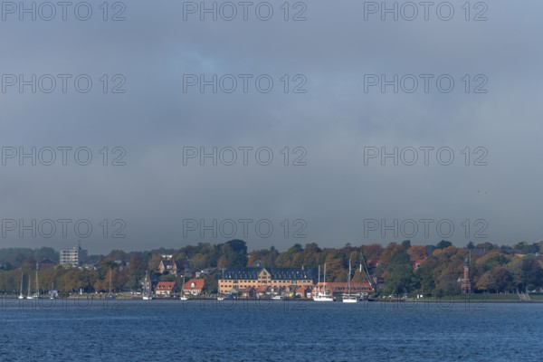 Kiel Fjord, Holtenau district, Kiel, historic sewer packing house, storage, sailing yachts, lighthouse, navigation, Baltic Sea, Schleswig-Holstein, Germany