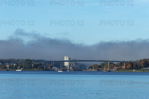 Kiel Fjord, Holtenau district, Kiel, Baltic Sea, high bridge over Kiel Canal, NOK, waterway, SKN silo in the North Harbour, sailboats waiting for smuggling, Holtenau lighthouse, quiet sea, Schleswig-Holstein, Germany