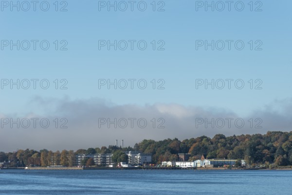 Kiel Fjord, Holtenau district, Kiel, Baltic Sea, modern apartments on the river bank, tonnenhof of the Kiel Water Management Office, WSA, Schleswig-Holstein, Germany