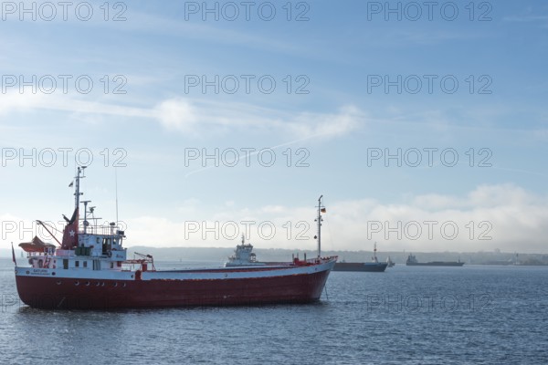 Kiel Fjord, Holtenau district, Kiel, Baltic Sea, ships at anchor to the Kiel Canal locks, NOK, waiting position, Schleswig-Holstein, Germany