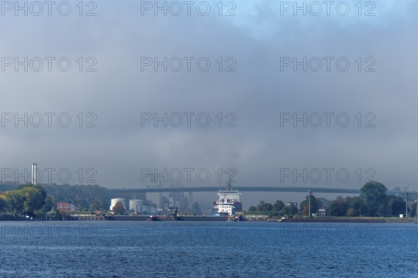 Kiel Fjord, Holtenau district, Kiel, Baltic Sea, high bridge over Kiel Canal, waterway, NOK, lock, container ship, tank farm, Schleswig-Holstein, Germany