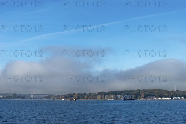 Kiel Fjord, Holtenau district, Kiel, Baltic Sea, high bridge over Kiel Canal, NOK, waterway, tugboat, tonnenhof of the Kiel Water Management Office, WSA, cargo ship, Schleswig-Holstein, Germany