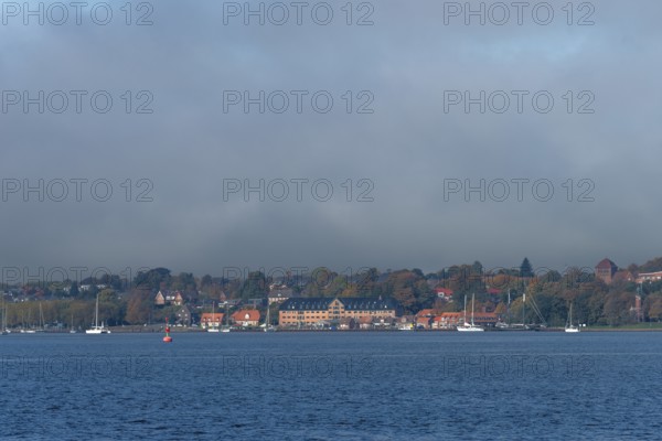 Kiel Fjord, Holtenau district, Kiel, historic sewer packing house, storage, sailing yachts, church tower, lighthouse, navigation, Baltic Sea, Schleswig-Holstein, Germany