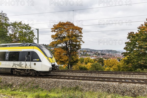 Regional train on the panoramic route through Stuttgart-West. The railway line is part of the Gäu Railway. Stuttgart, Baden-Württemberg, Germany