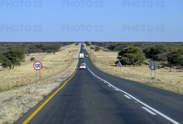 120 km/h speed limit sign on the B1 highway between Windhoek and Otjiwarongo, near Otjiwarongo, Otjozondjupa region, Namibia