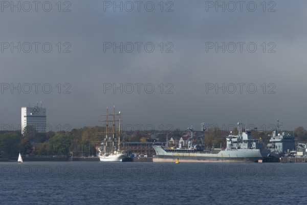 Kiel naval port, district of Wik, sailing school ship Gorch Fock in their home port, fuel transporter A1442 Spessart of the German Navy, Olympic rings, Schleswig-Holstein, Germany
