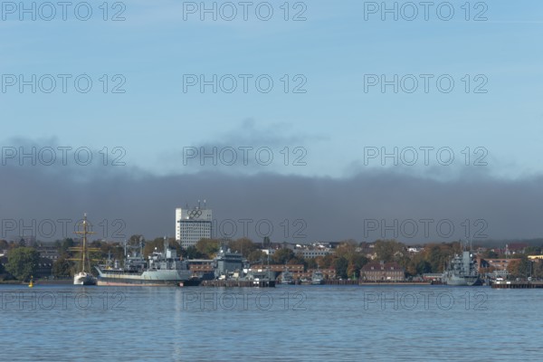 Kiel naval port, district of Wik, sailing school ship Gorch Fock in their home port, fuel transporter A1442 Spessart of the German Navy, supply ship A512, Olympic rings, Schleswig-Holstein, Germany