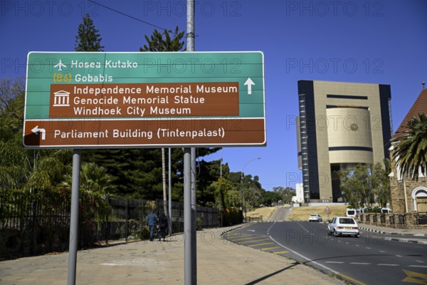 Street sign in front of the Independence Museum, Independence Memorial Museum, Windhoek, Khomas region, Namibia