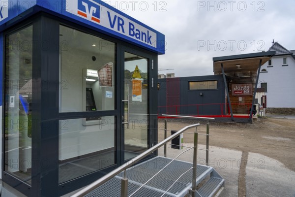 Reconstruction in the Ahr Valley, after the flood of July 2021, temporary vending machine branch of VR Bank and self-service mini market, near Altenahr, Rhineland-Palatinate
