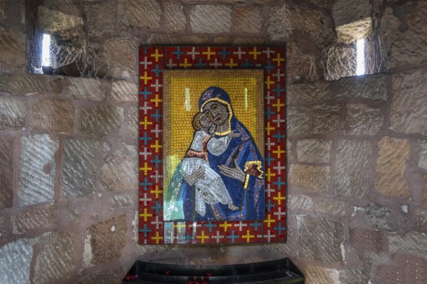 Mariengrotto with a mosaic of Mary in the fortified church defence tower, Hannberg, Middle Franconia, Bavaria, Germany