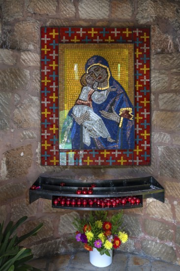 Mariengrotto with a mosaic of Mary in the fortified church defence tower, Hannberg, Middle Franconia, Bavaria, Germany