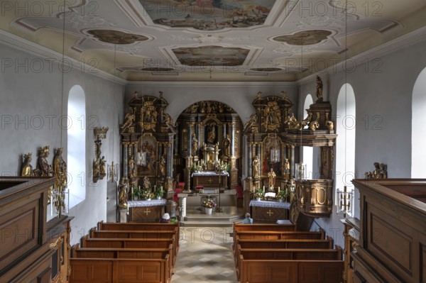 View from the organ gallery into the church of the Nativity of Mary, fortified church, third-largest fortified church in Germany, Hannberg, Middle Franconia, Bavaria, Germany