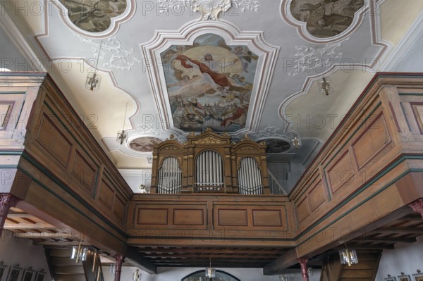 Organ gallery of the Nativity Church, fortified church, third largest fortified church in Germany, Hannberg, Middle Franconia, Bavaria, Germany