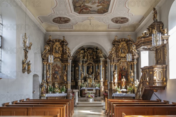 Baroque high altar and side altars, created 1726 to 1727, Nativity Church, fortified church, third largest fortified church in Germany, Hannberg, Middle Franconia, Bavaria, Germany