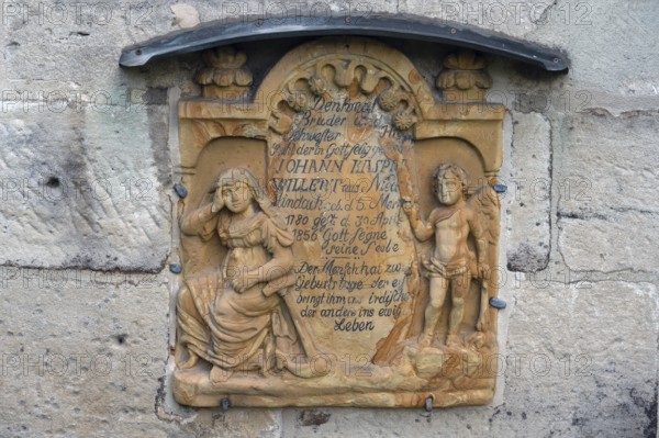 Epitaph from 1856 at the Nativity Church, Kirchenburg, Hannberg, Middle Franconia, Bavaria, Germany