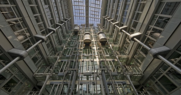 Atrium with three panoramic lifts, interior lift, Ludwig-Erhard-Haus, abbreviated LEH, Charlottenburg, City-West, Berlin, Germany