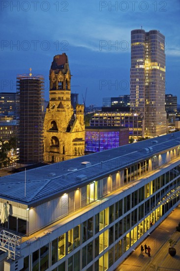 Bikini Berlin with Kaiser Wilhelm Memorial Church from an elevated position in the evening, Charlottenburg, Berlin, Germany