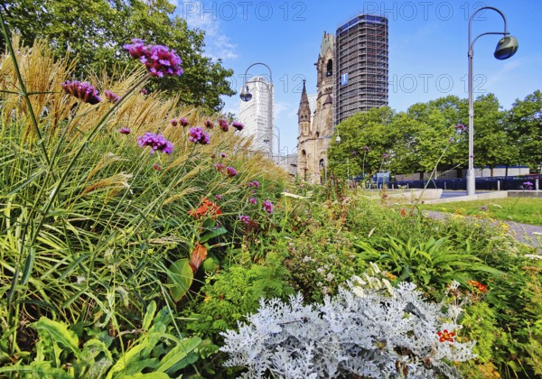 Planted middle strip of Tauentzienstraße with Kaiser Wilhelm Memorial Church, promenade, Charlottenburg, Berlin, Germany