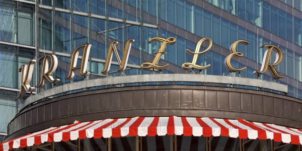 Historic logo of Café Kranzler with modern office building on Kurfürstendamm, Charlottenburg, Berlin, Germany