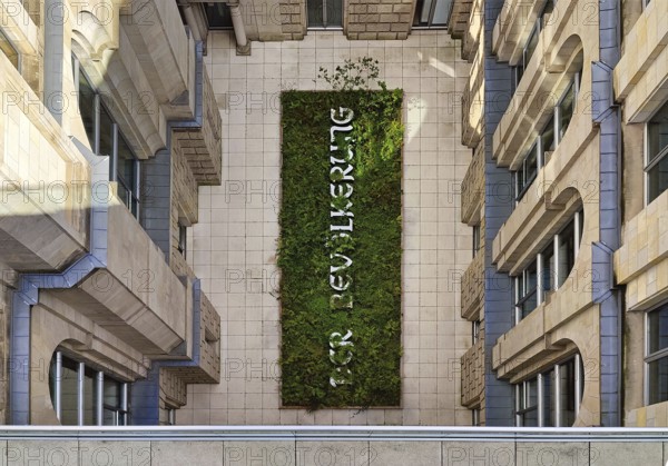 Art in construction project by Hans Haacke with the title The Population, view from the roof terrace of the Reichstag down, courtyard, Berlin, Germany
