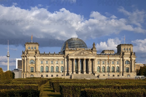 Reichstag, German Bundestag, Republic Square with Berlin TV Tower in the background, Berlin, Germany