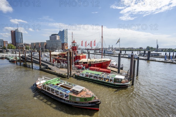 Boats at the city sports harbour in the Elbe, in the back Hafencity with Elbphilharmonie and Columbushaus, Hamburg, Germany