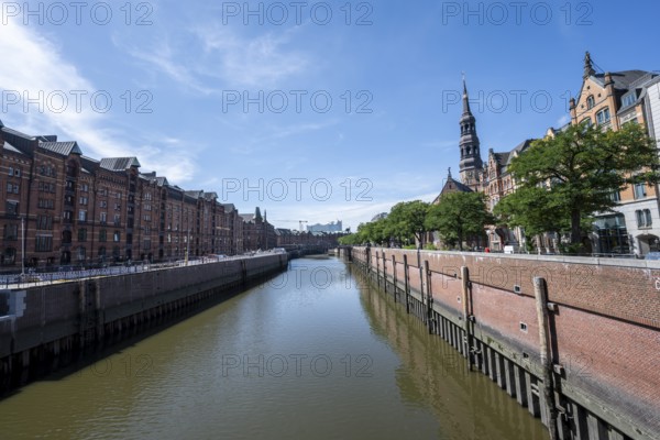 Tower of the main church of St. Katharinen am Zollkanal, Speicherstadt, Hamburg, Germany