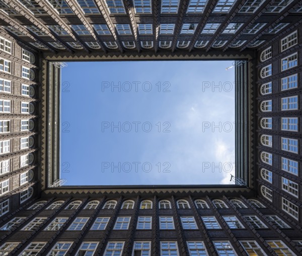 Chile House, former office building, courtyard, frog-eye view, brick expressionism, architect Fritz Höger, UNESCO World Heritage Site, Hamburg, Germany