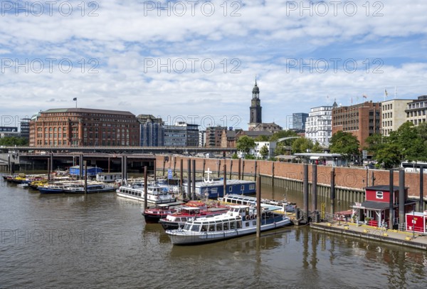 Boats in the inland port at the mouth of the Alster, St. Michaelis church in the back, Hamburg, Germany