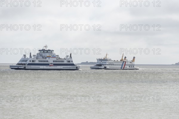 Two ferries of the Wyker Dampfschiffs-Reederei (W.D.R.), on the left car ferry Schleswig-Holstein, on the right Nordfriesland, Wyk, island Föhr, Schleswig-Holstein, Germany