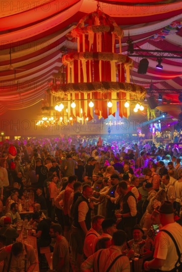 Large crowd celebrates in the festive light of a beautifully decorated marquee, Cannstatter Wasen folk festival, Sonja Merz marquee, Stuttgart, Germany