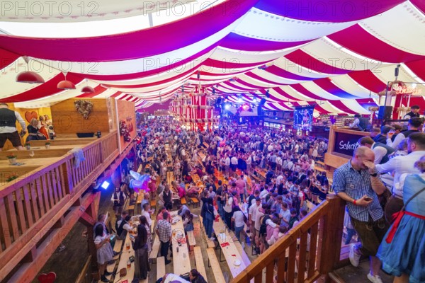 View of a crowded and festively decorated marquee during the Oktoberfest, Volksfest Cannstatter Wasen, Sonja Merz Festzelt, Stuttgart, Germany