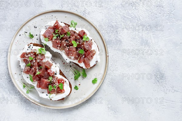 Sandwiches, rye bread with cream cheese, sliced tuna fillet with herbs, breakfast, homemade