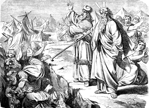 When Moses had finished speaking, the earth opened up and swallowed the pack of Korah, Levite Korah, speaking, ground, cracking, cleft, falling, dying, killing, horror, fear, God, tents, Fourth Book of Moses, Chapter 16, Old Testament, Bible, historical illustration 1877
