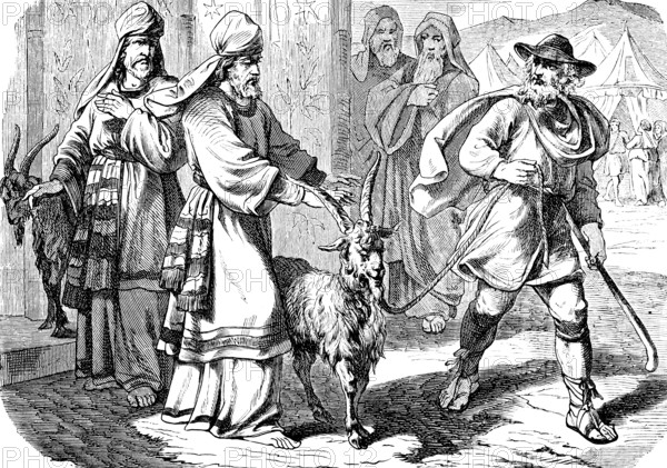 Expulsion of the goat into the desert at the Feast of Atonement, sheep, tents, feast, sacrificial animal, people, reconciliation, holy place, burning fat, men, third book of Moses, chapter 16, Old Testament, Bible, historical illustration 1877