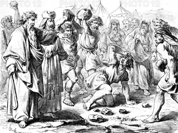 Stoning of the blasphemer, God, throw stones, kill, group, law, foreigner, native, slain, cattle, human, revenge, injury, death, violence, justice, pain, eye for an eye, tooth for a tooth, proverb, third book of Moses, chapter 24, Old Testament, Bible, historical illustration 1877