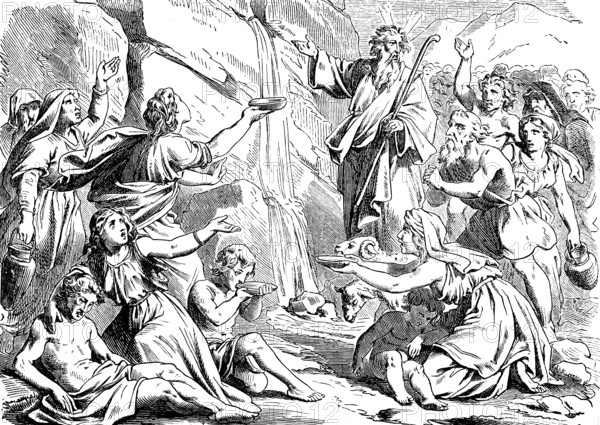 The children of Israel drink water from a rock, Moses strikes staff on rock face, thirst, dying of thirst, miracle, drink, bowl, refreshment, God, Second Book of Moses, chapter 17, Old Testament, Bible, historical illustration 1877