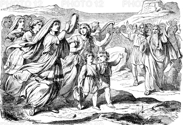 Song of praise of the prophetess Miriam after crossing the Red Sea, Middle East, woman, children, men, musical instruments, harp, timpani, praising God, singing, joy, jubilation, God, rocky landscape, Second Book of Moses, chapter 15, Old Testament, Bible, historical illustration 1877