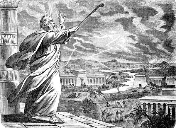 The Lord brought thunder, lightning and hail over the land of Egypt, God, temple, Nile, palm trees, sky, second book of Moses, chapter 9, Old Testament, Bible, historical illustration 1877