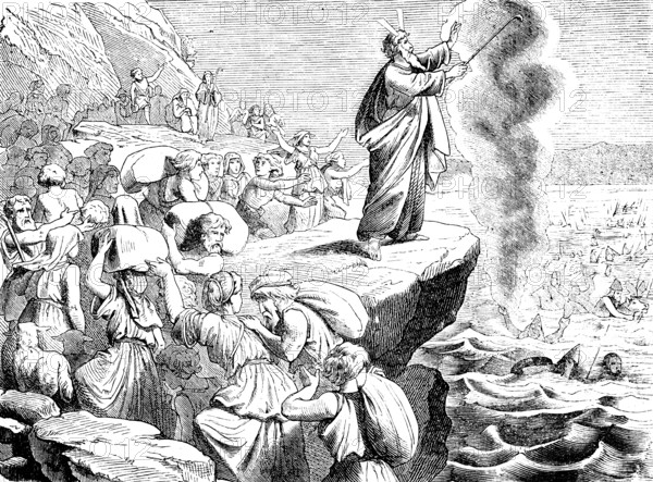 Moses and the children of Israel, passage through the Red Sea, the waters part, Middle East, Pharaoh and his army drown, miracle, enemy, wind, death, people of Israel, second book of Moses, chapter 15, Old Testament, Bible, historical illustration 1877
