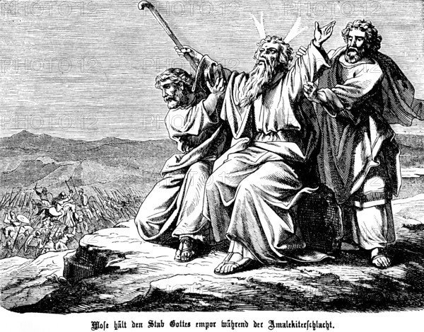 Moses holds up the staff of God during the Amalekite battle, Amalek with warrior army is destroyed, horsemen, army, defeat, victory of the children of Israel, God's wish, command, mountain landscape, Second Book of Moses, Chapter 17, Old Testament, Bible, historical illustration 1877