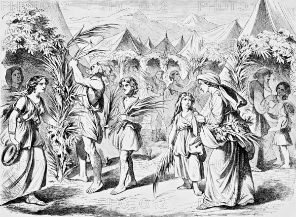 The Feast of Tabernacles lasts seven days, giving sacrifices in honour of God, Feast of the Lord, burnt offering, Sabbath, tents, flower decorations, grasses, branches, children, woman, men, Third Book of Moses, Chapter 23, Old Testament, Bible, historical illustration 1877