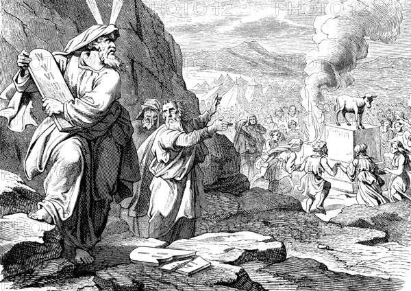 Moses breaks the tablets of the law at the sight of the Golden Calf, Mount Sinai, tablet, laws, commandments, sin, dance, smoke, joy, horror, reconciliation, book, punishment, Aaron, Second Book of Moses, Chapter 25, Old Testament, Bible, historical illustration 1877