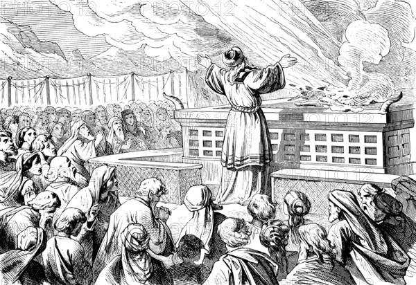 Aaron's first sacrifice is ignited by fire from heaven, sanctuary, smoke, God, people, ceremony, repentance, praying, praising, altar, third book of Moses, chapter 10, Old Testament, Bible, historical illustration 1877
