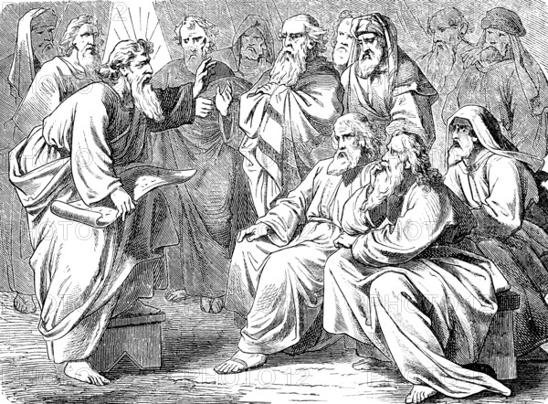 Moses reads the Book of the Covenant from the altar, obey God, thanks, sacrifice, blood, listen, group, Mount Sinai, Second Book of Moses, Chapter 24, Old Testament, Bible, historical illustration 1877