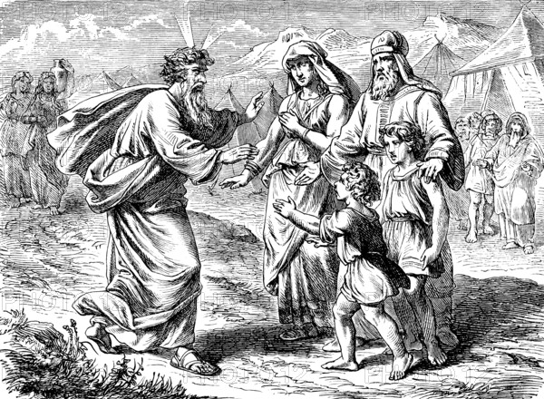 Jethro unites Moses with his woman and children, union, family, meeting, camp, joy, mountain of God, Egypt, second book of Moses, chapter 18, Old Testament, Bible, historical illustration 1877