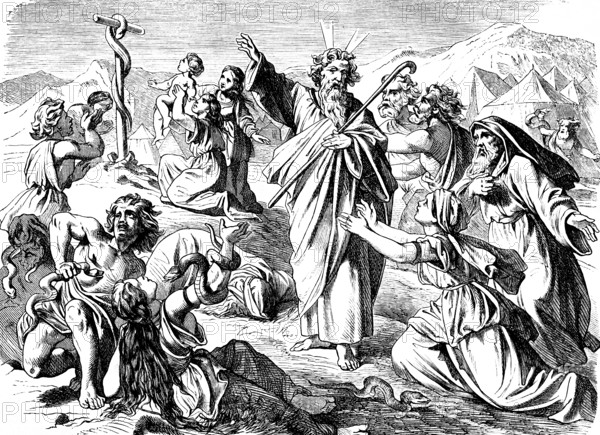 Moses made a bronze serpent and lifted it up as a sign, sin, desert, God, people of Israel, speech, death, bite, lift up, fear, horror, pain, children, woman, men, supplication, ask, staff, cross, admonition, fourth book of Moses, chapter 21, Old Testament, Bible, historical illustration 1877