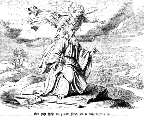God shows Moses the Promised Land, which he is not to enter, a land flowing with milk and honey, proverb, sky, cloud, wings, people of Israel, blessing, sandals, cloak, staff, rock, fertile valley, river, prohibition, Fourth Book of Moses, chapter 34, Old Testament, Bible, historical illustration 1877